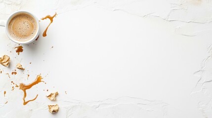 Obraz premium Cup of coffee with spilled background and crumbly cookies on white table. Minimalist morning scene.