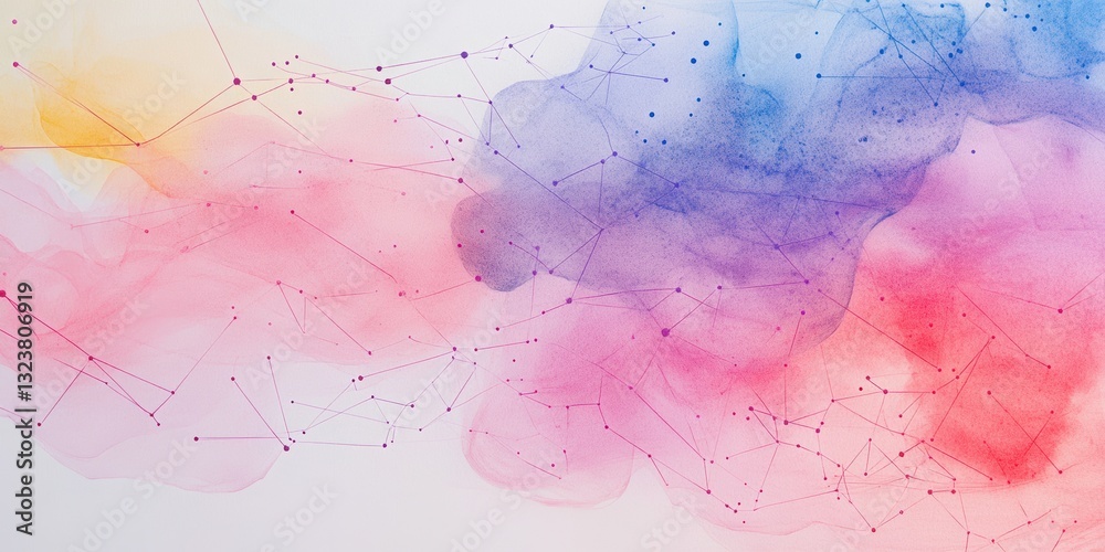 Poster abstract data flow: a vibrant watercolor wash blends with a network of connected lines and dots, cre