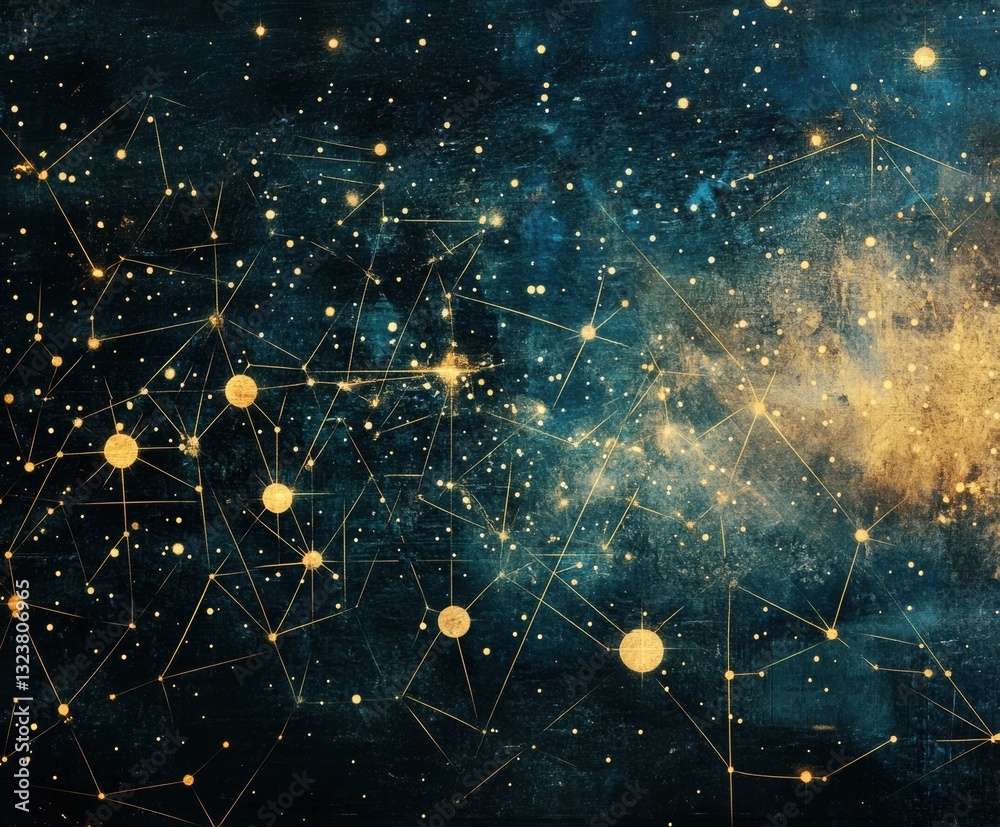 Poster cosmic connections: an artistic depiction of a celestial network, with luminous nodes linked by intr