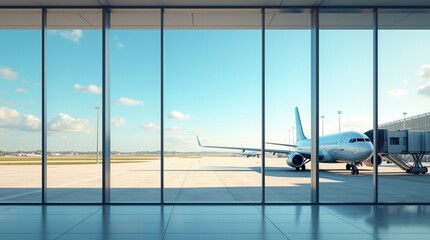Fototapeta premium Scene of airport, no human ,airplane outside the window, sunny day airport