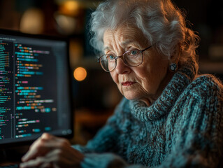 Elderly woman coding on a laptop in a cozy setting