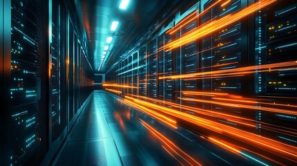 Obraz premium Futuristic Server Room Data Center: Network Infrastructure with High-Speed Data Transfer and Advanced Technology Solutions.
