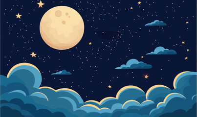 Fototapeta premium Minimalist Starry Night Sky with Full Moon and Clouds Vector Illustration