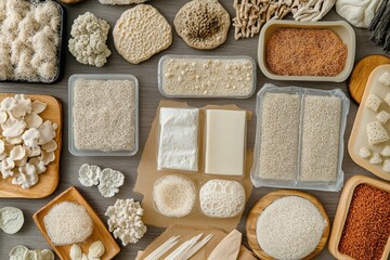 Mycelium packaging samples displayed in flat lay, highlighting spongy texture and minimal footprint approach. Mycelium solution ensures zero plastic and fosters resource saving shipping
