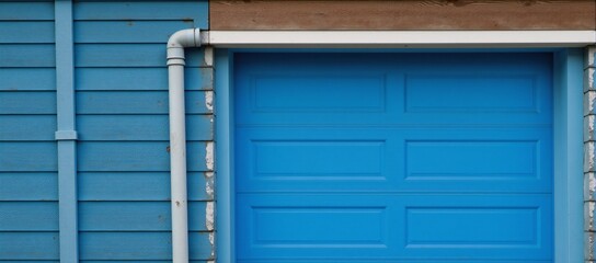 Detailed urban house with blue vinyl siding on a wooden-plank background