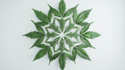 Green cannabis leaves arranged in a symmetrical snowflake pattern with white sugar on a clean white background