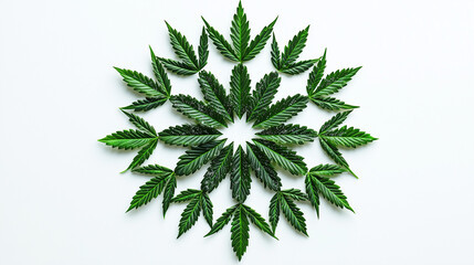 Green cannabis leaves arranged in a symmetrical mandala pattern on a white background, symbolizing nature and wellness