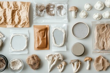Array of raw mycelium molds in macro flat lay, showing spore growth and minimal footprint design. Array concept embraces circular economy, focusing on biodegradable, plastic-free solutions