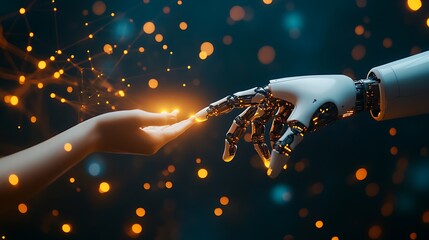 Human and Robot Connection: Artificial Intelligence Meets Humanity with Emerging Technology, Highlighting Innovation and Digital Future.
