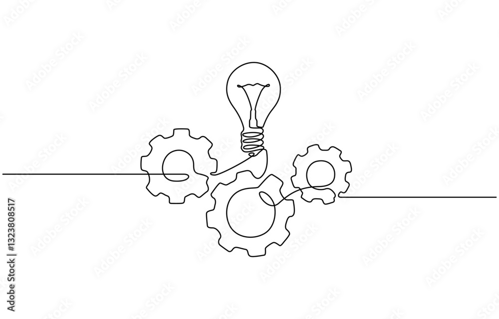 Wall mural single continuous line symbol of machine wheel gears and light bulb vector illustration, continuous 