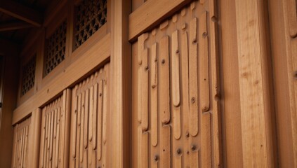 Wooden buildingfence with intricate carvings or patterns