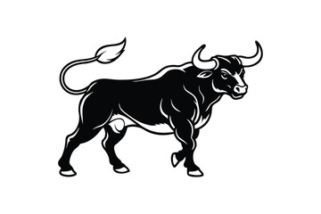A black and white illustration of a bull in a charging stance.eps