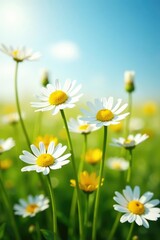 Tall daisies swaying in the breeze on a sunny field, flowers, spring, breeze