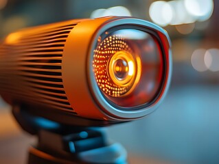 Illuminated lens on modern electronic surveillance camera focused closely