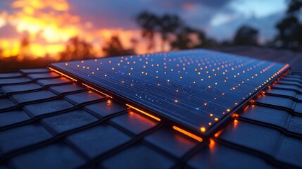Solar panel glowing at sunset on a rooftop, with vibrant colors in the sky and trees