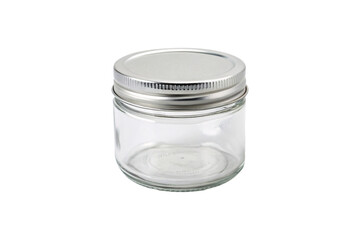 A round glass jar with a tightly sealed silver lid. Its minimalist, functional design makes it an ideal container for condiments or homemade jams, isolated on a transparent background