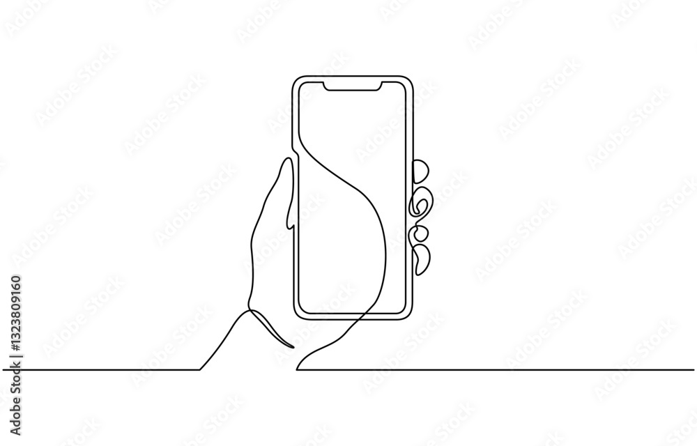 Wall mural one continuous line drawing of hands holding and touch the screen of smartphone, continuous one line