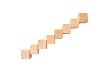 A sequence of natural wooden cubes arranged diagonally, resembling an abstract staircase, with smooth edges and a minimalist aesthetic, isolated on a transparent background