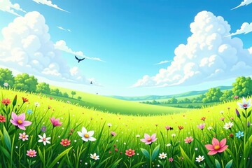 Verdant meadow of wildflowers with blue sky and gentle breeze, insects, fields, green
