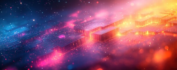 Obraz premium Neon Abstract Digital Art with Cyberpunk Aesthetic Geometric Patterns and Vibrant Warm Hues