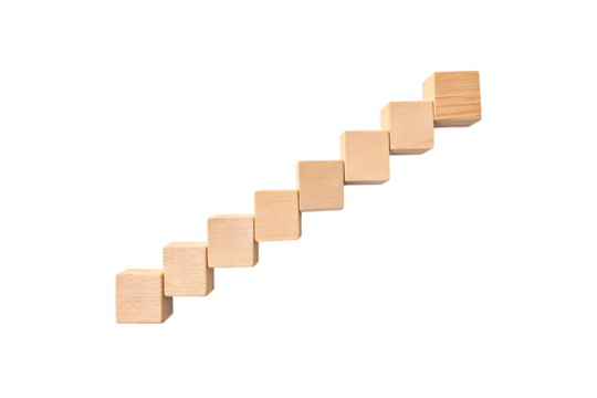 A sequence of natural wooden cubes arranged diagonally, resembling an abstract staircase, with smooth edges and a minimalist aesthetic, isolated on a transparent background