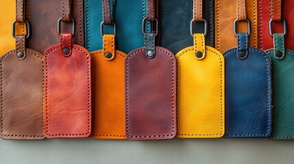 A vibrant array of leather luggage tags, each a splash of color against the minimalist backdrop of a neutral surface, stood in a neat row, ready to add a personal touch to journeys and adventures.