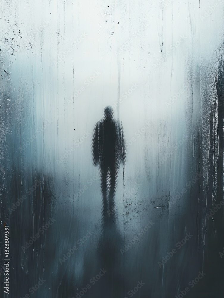 Poster lonely figure amidst raindrops on a window, capturing deep emotions in a moody atmosphere