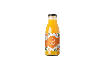 A stylish juice bottle wrapped in a whimsical orange-patterned label. The colorful design and clean glass make it visually appealing and inviting, isolated on a transparent background