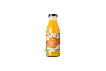 A stylish juice bottle wrapped in a whimsical orange-patterned label. The colorful design and clean glass make it visually appealing and inviting, isolated on a transparent background