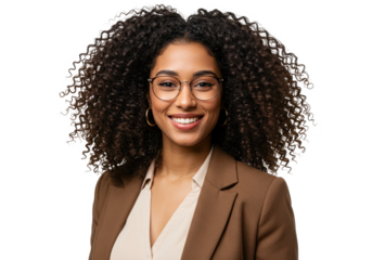 A stylish businesswoman with voluminous curly hair and glasses isolated on transparent background