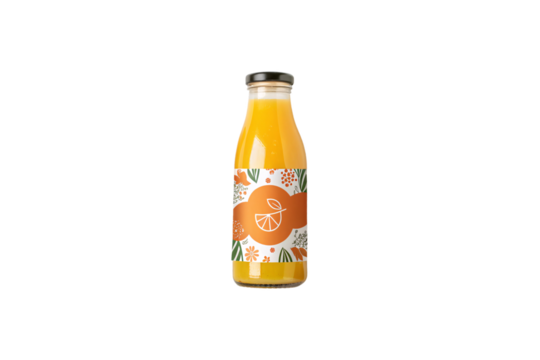 A stylish juice bottle wrapped in a whimsical orange-patterned label. The colorful design and clean glass make it visually appealing and inviting, isolated on a transparent background