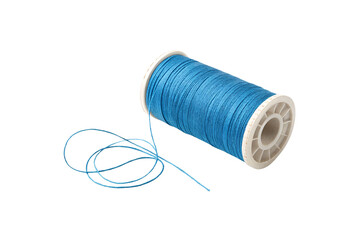 A vibrant blue spool of thread with a few loose strands unraveling, emphasizing texture, detail, and the everyday beauty of sewing essentials, isolated on a transparent background