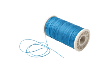 A vibrant blue spool of thread with a few loose strands unraveling, emphasizing texture, detail, and the everyday beauty of sewing essentials, isolated on a transparent background