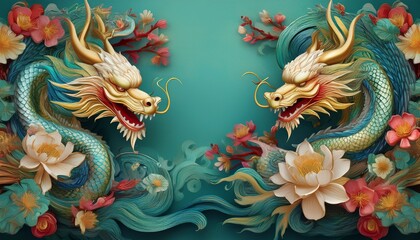 Obraz premium beautiful majestic chinese dragon with vibrant colorful flowers 