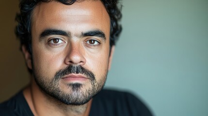 Fototapeta premium Thoughtful Gaze: A close-up portrait of a man with a deep and contemplative expression, showcasing his intense gaze and intriguing features.