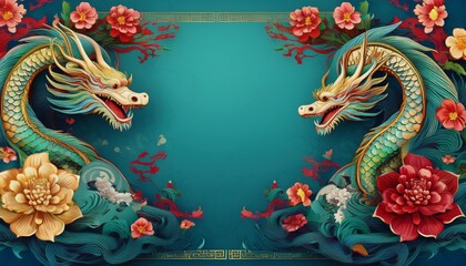 Obraz premium beautiful majestic chinese dragon with vibrant colorful flowers 