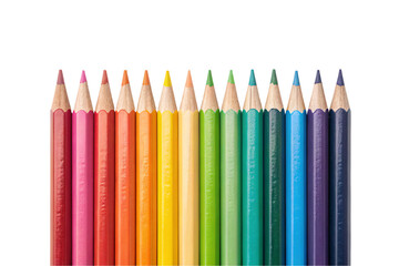A vibrant set of sharpened colored pencils in warm and cool shades, aligned perfectly, displaying their rich pigmentation and wooden textures, isolated on a transparent background