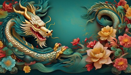 Obraz premium beautiful majestic chinese dragon with vibrant colorful flowers 