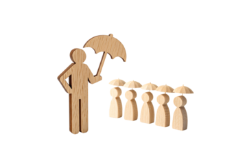 A wooden figure holding an umbrella shields four smaller figures, each also holding umbrellas. This represents protection, leadership, isolated on a transparent background