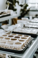 Advanced mycelium production workspace featuring industrial trays for sustainable material cultivation. Essential for eco-friendly packaging development and innovative biomaterial research