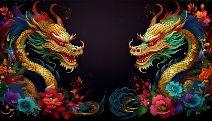 Obraz premium beautiful majestic chinese dragon with vibrant colorful flowers 