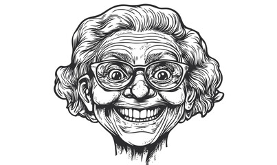 Obraz premium Elderly woman with glasses smiling face, detailed expressions, linear icons set, vector.