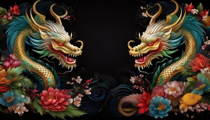 Fototapeta premium beautiful majestic chinese dragon with vibrant colorful flowers 