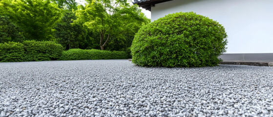 Serenity of a Japanese garden with smooth gravel and lush shrubs in mid-afternoon sunlight