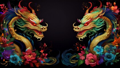 beautiful majestic chinese dragon with vibrant colorful flowers	
