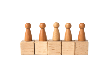 Five wooden peg figures stand atop uneven wooden blocks, symbolizing hierarchy, teamwork, or individuality, crafted from smooth, natural wood, isolated on a transparent background