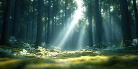 Obraz premium lush spring forest with sunlight beams vibrant greenery tranquil wildlife blooming flowers serene natural view