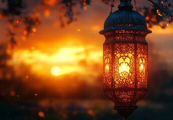 Carved Lantern Glowing Against a Vibrant Sunset with Soft Nature Backdrop