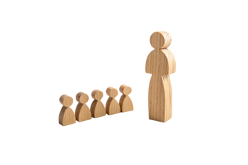 Wooden figure stands in front of five smaller figures. This could depict a teacher, speaker, or leader addressing a group, symbolizing mentorship, isolated on a transparent background