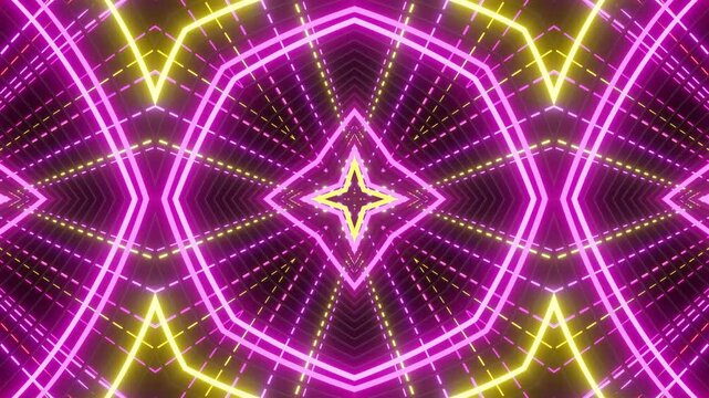 Abstract symmetrical composition, 3d elements light up like bulbs with multicolor neon light. Looped bg for show or events, exhibitions, festivals or concerts, music videos, DJ or VJ for night clubs.